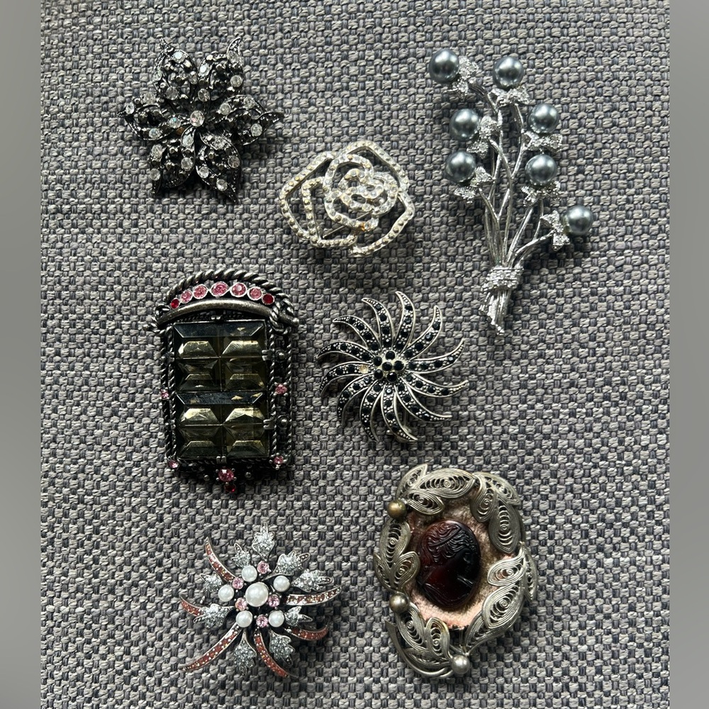 Elegant Silver and Black Brooch Set